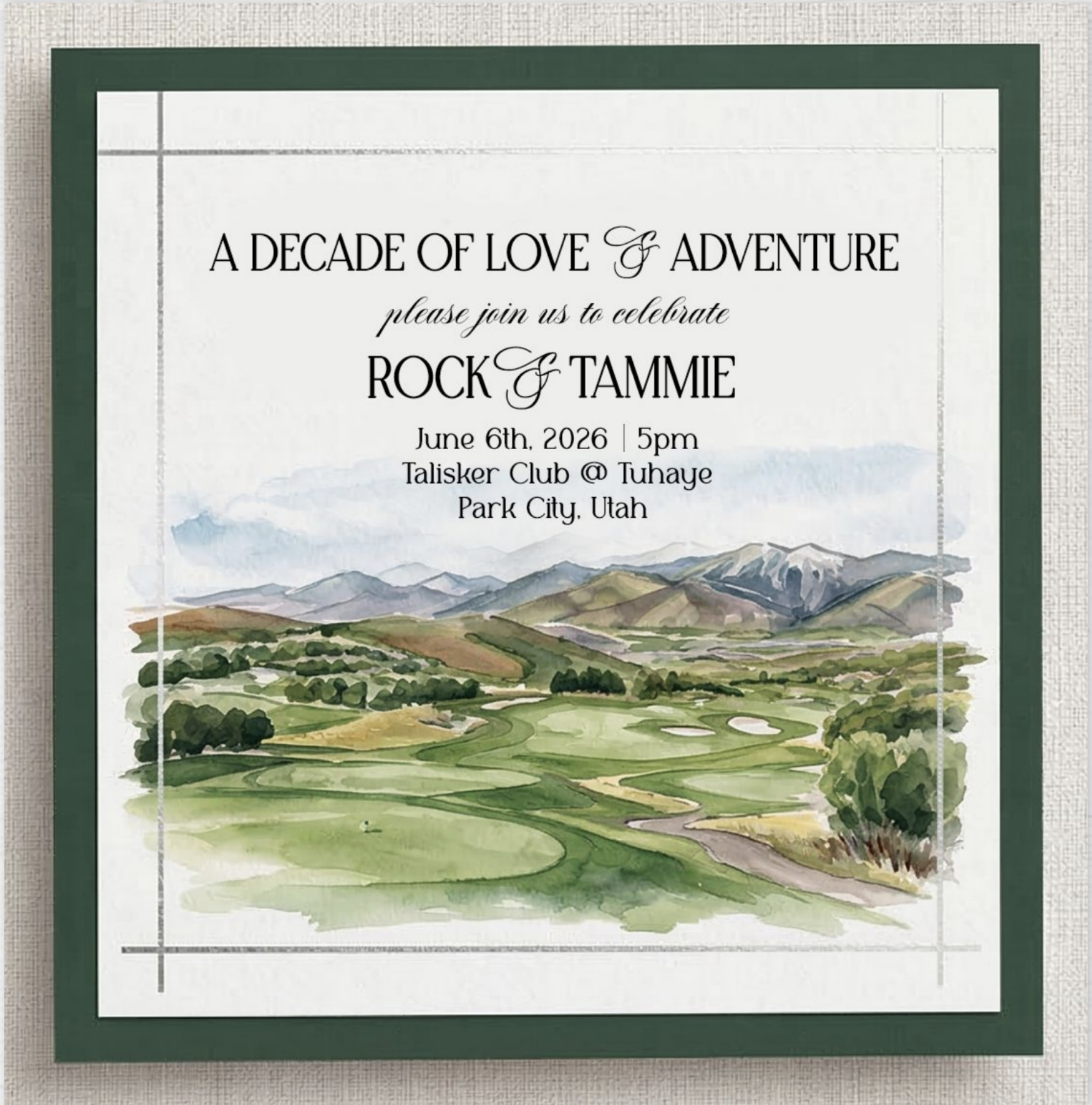 Watercolor invitation illustrating the mountains of Park City